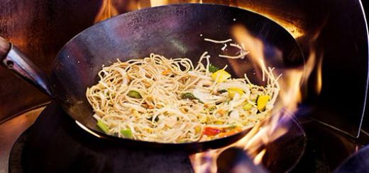 Сковорода вок с едой на горелке