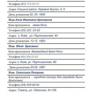 Заполненный Бланк домашнего органайзера для переписи родни